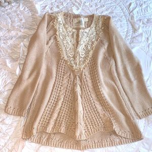 Anthropologie Knit and Lace Light Tan Sweater S